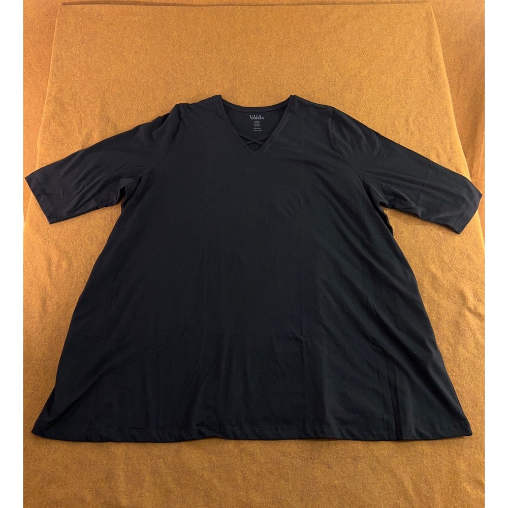Ulla Popken Womens 28/30 Black V-Neck Crisscross A-Line Cotton T-Shirt Top New